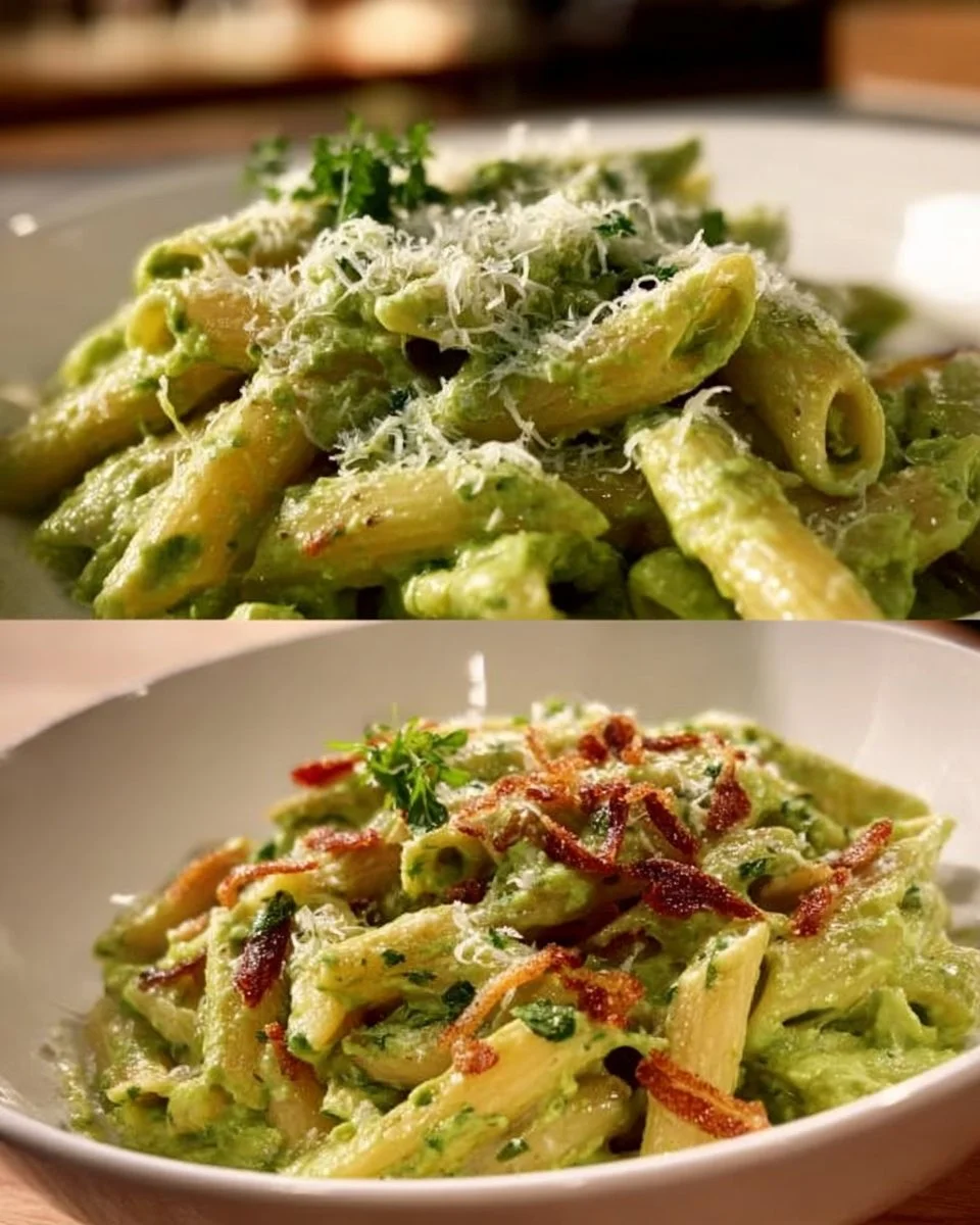 Cremige Avocado-Pasta mit frischem Gemüse und Kräutern serviert.