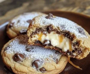 Leckere Schokoladenkekse mit Cheesecake-Füllung auf einem Teller.