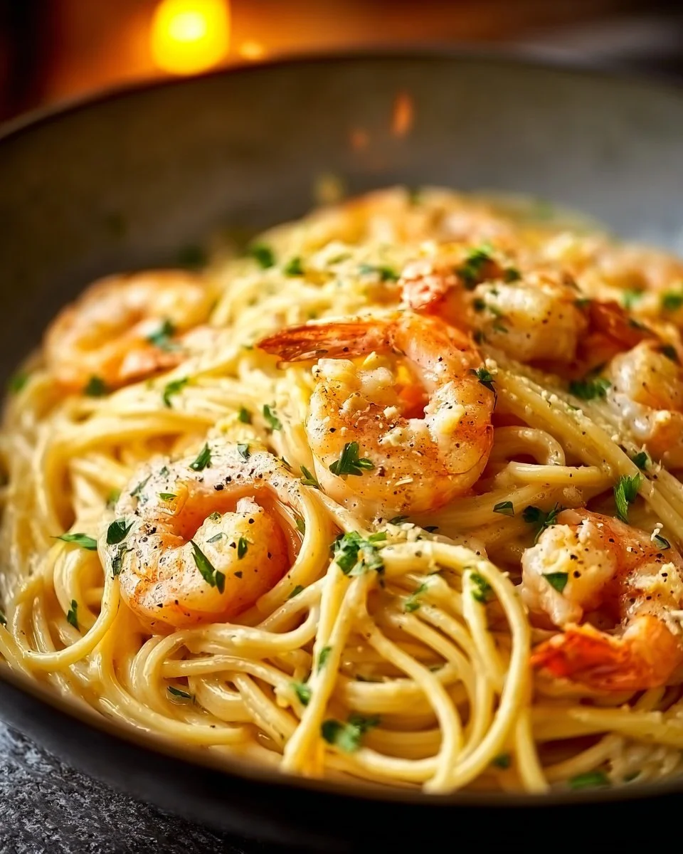 Cremige Garnelen-Pasta mit frischen Zutaten auf einem Teller serviert