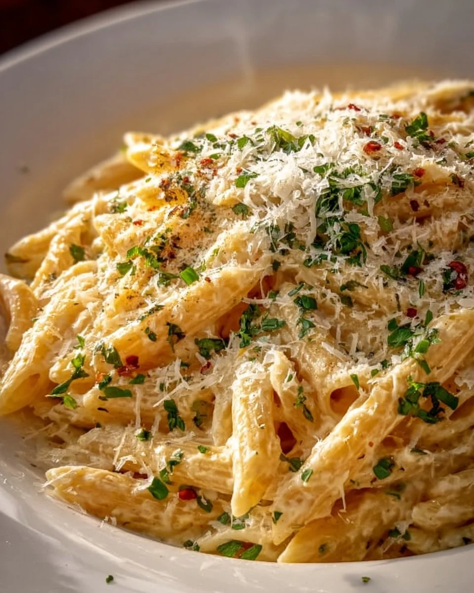 Cremige Knoblauch-Pasta aus einem Topf in einer Servierschüssel