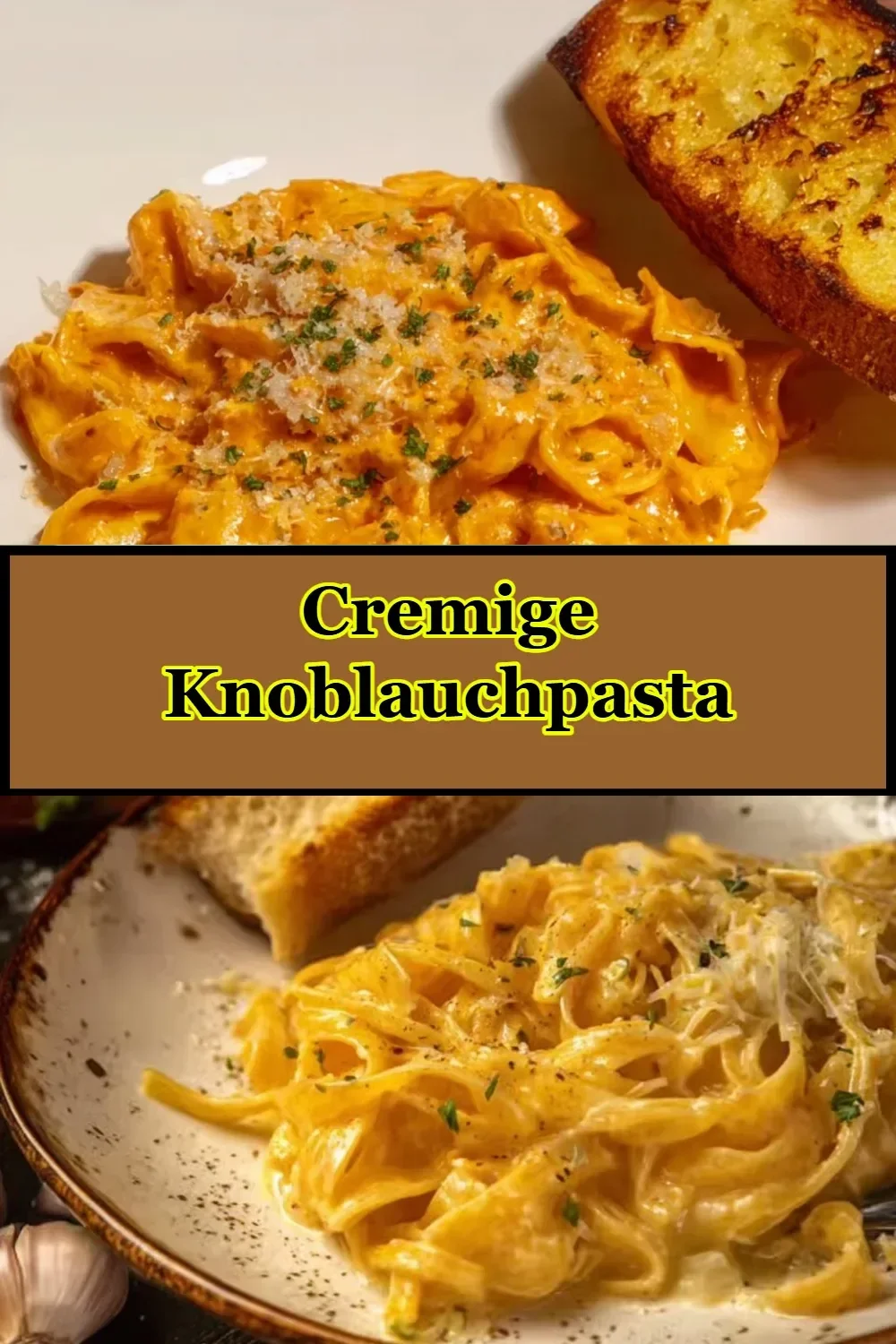 Cremige Knoblauchpasta mit frischen Zutaten serviert