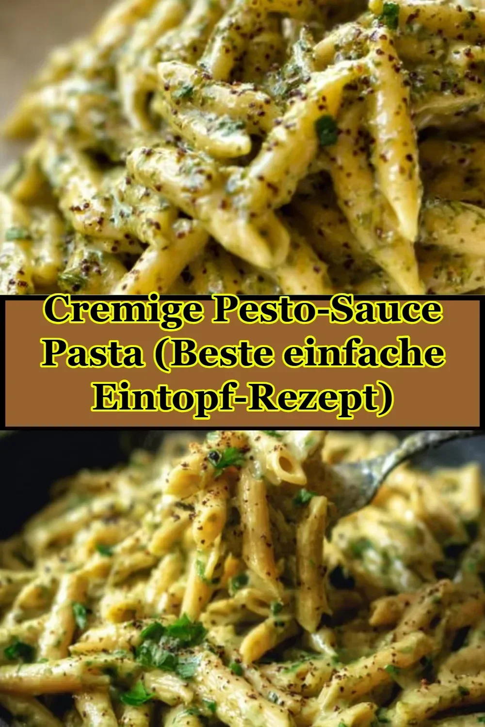 Cremige Pesto-Sauce Pasta in einer Pfanne serviert.