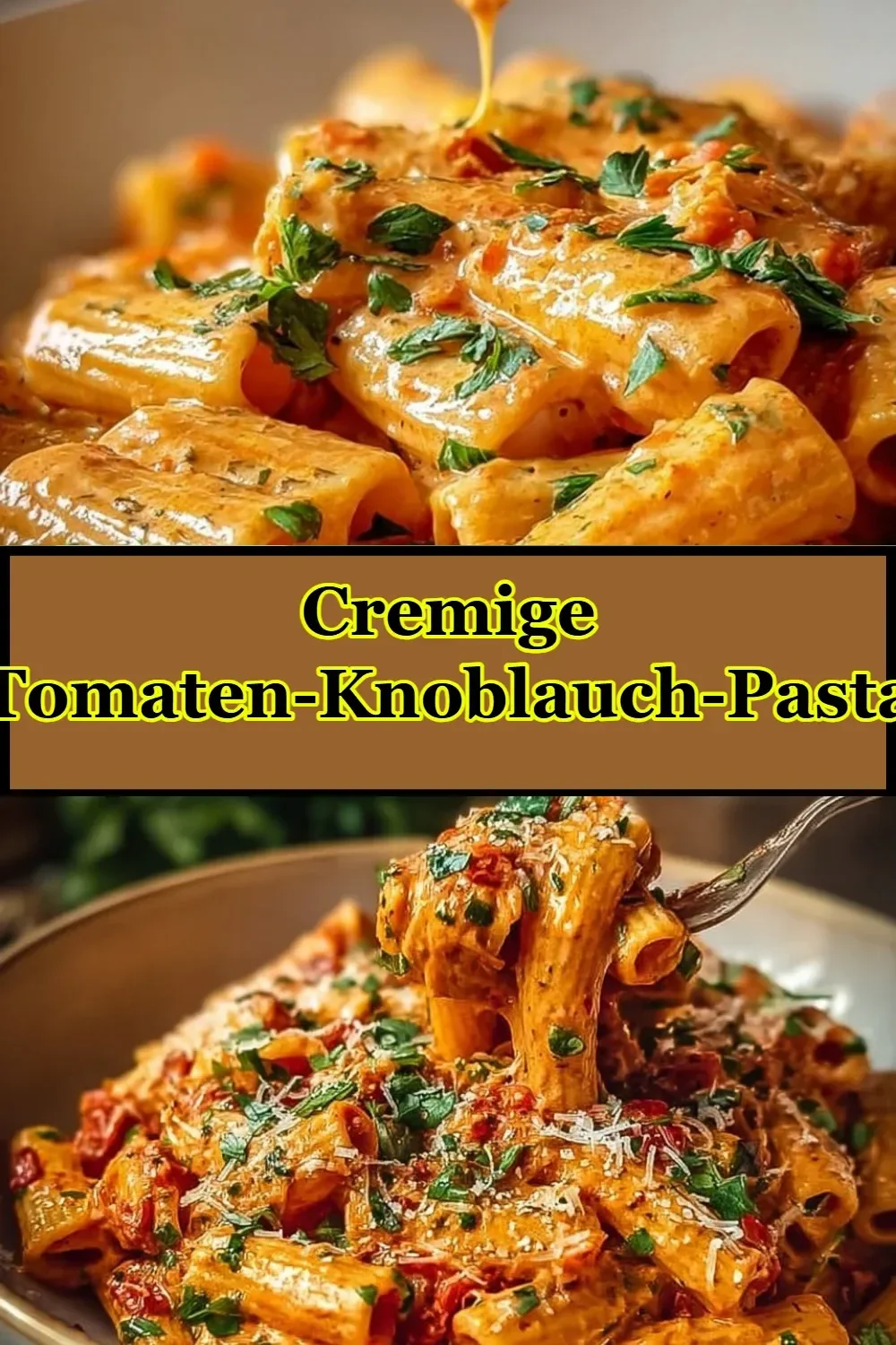 Cremige Tomaten-Knoblauch-Pasta in einer Schüssel serviert