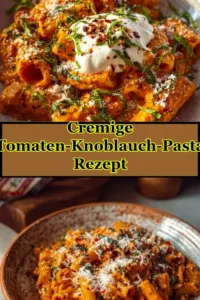 Cremige Tomaten-Knoblauch-Pasta auf einem Teller serviert.
