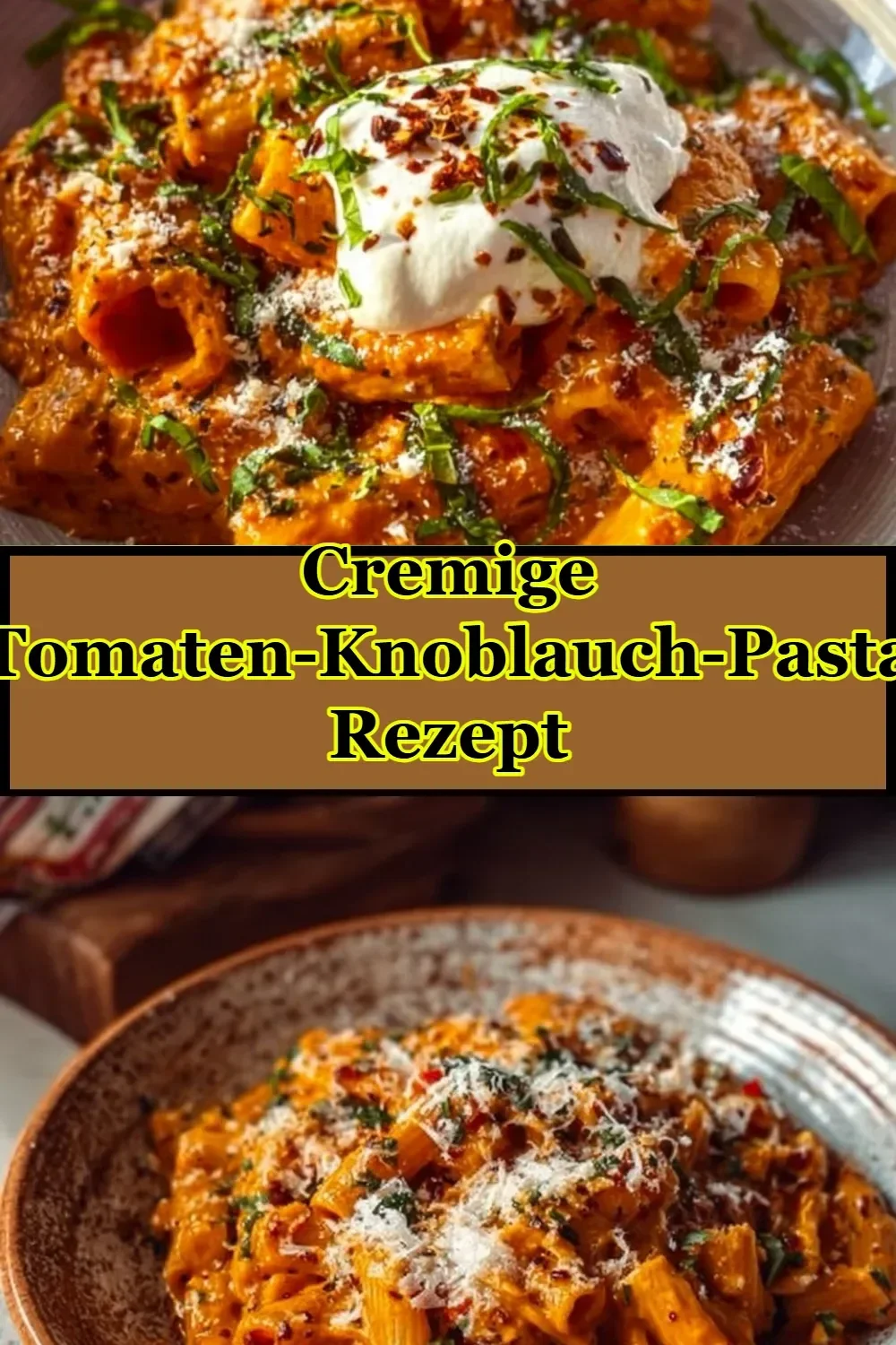 Cremige Tomaten-Knoblauch-Pasta auf einem Teller serviert.