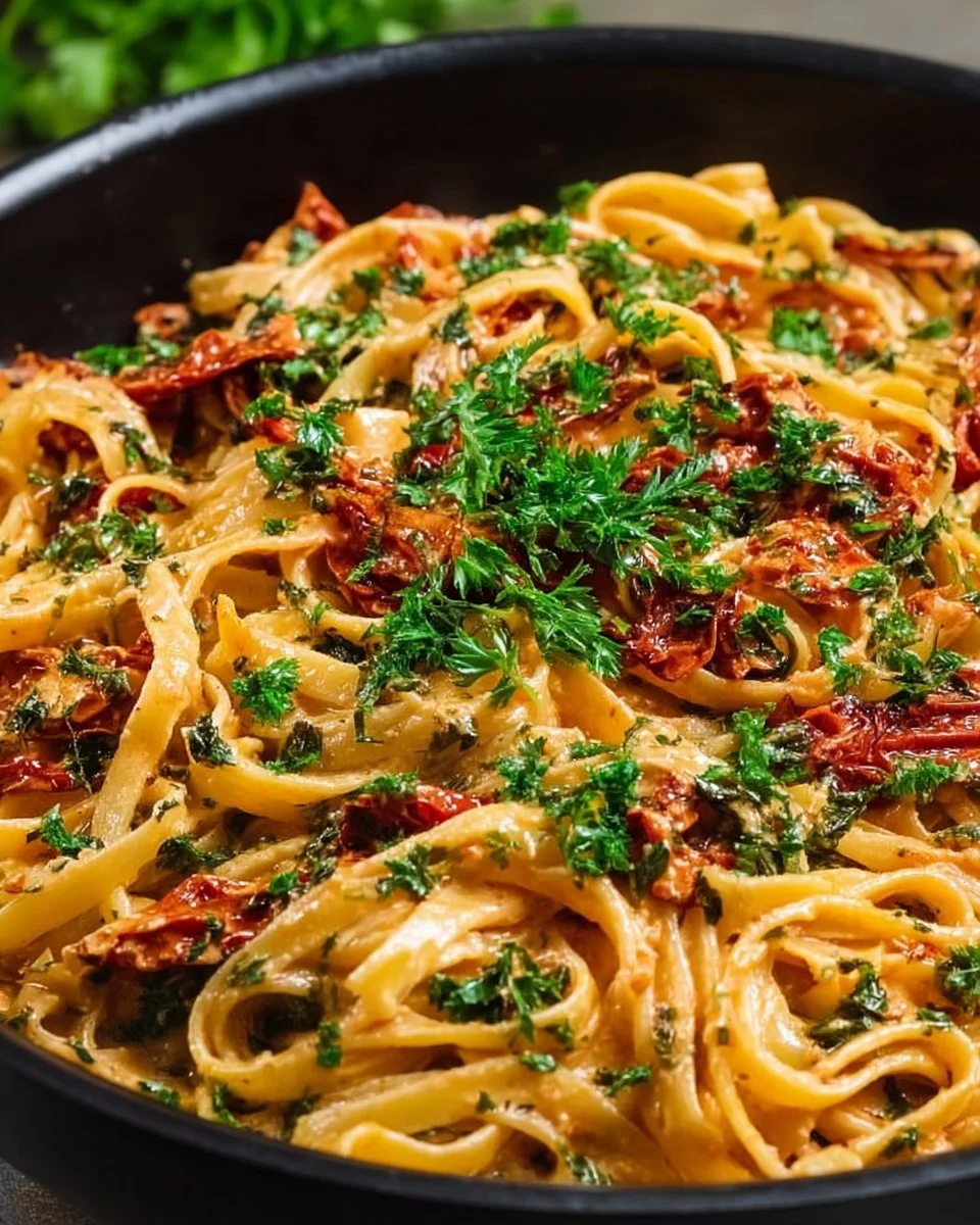 Cremige vegane Pasta mit sonnentrockneten Tomaten auf einem Teller serviert