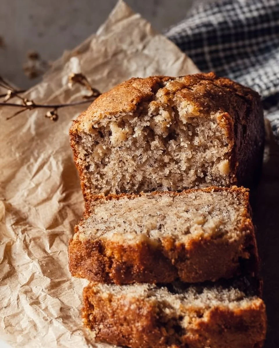 Einfaches veganes Bananenbrot frisch gebacken auf einem Holzbrett.