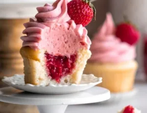 Erdbeer-Vanille-Cupcakes mit frischen Erdbeeren und Vanillecreme