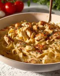 Hähnchen Knoblauch Parmesan Pasta in einer Schüssel serviert
