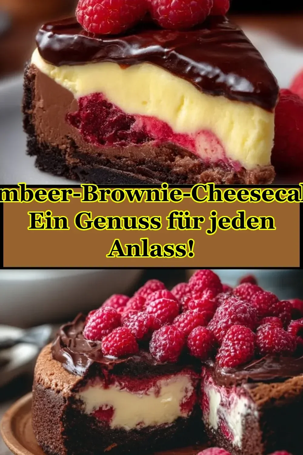 Himbeer-Brownie-Cheesecake auf einem Teller, dekoriert mit frischen Himbeeren.
