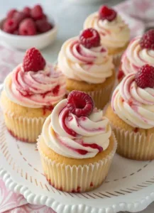Leckere Himbeerwirbel-Cupcakes mit frischem Himbeer-Topping