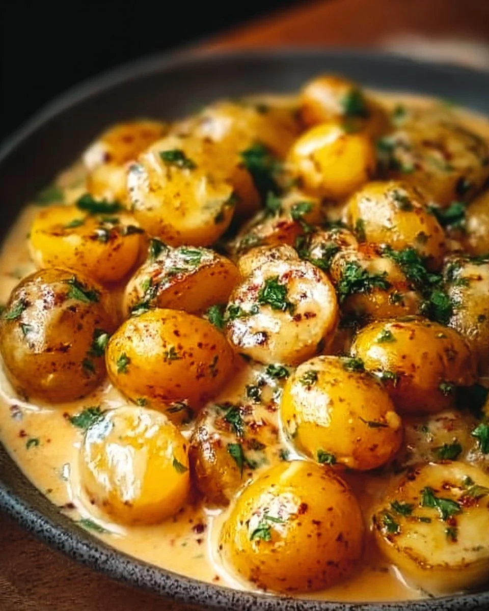 Leckere Kartoffeln mit Knoblauch-Sahnesauce auf einem Teller serviert.