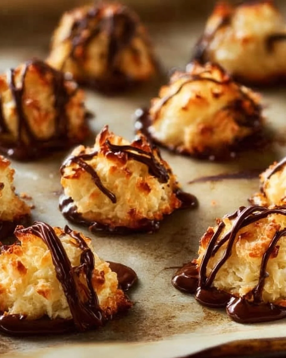 Kokosmakronen mit Kondensmilch auf einem Teller, frisch gebacken und lecker.