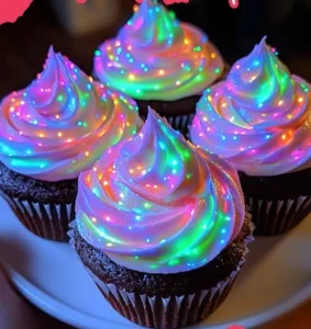 Verführerische Mitternachtsleuchten Cupcakes mit bunten Toppings und Glanz.