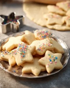 Omas Butterplätzchen auf einem Teller, frisch gebacken und dekoriert