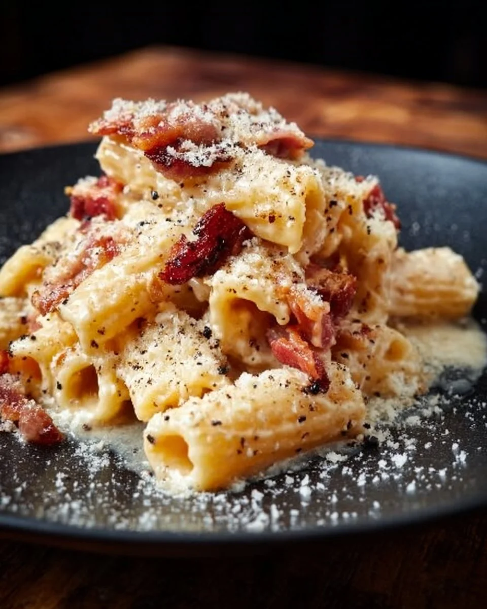 Pasta alla Gricia mit Speck und Pecorino serviert auf einem Teller
