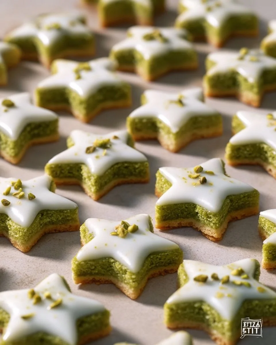 Leckere Pistazien Sterne Kekse auf einem festlichen Teller