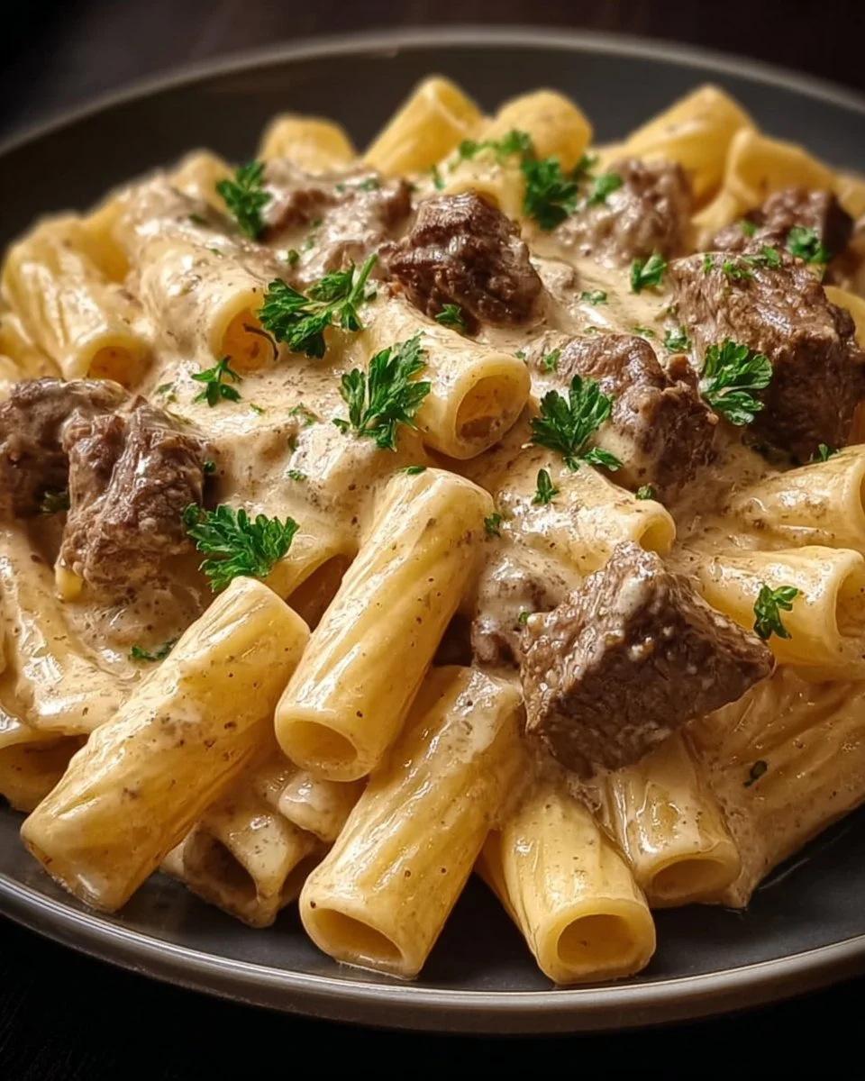 Rigatoni mit Rindfleisch und Parmesansoße auf einem Teller angerichtet