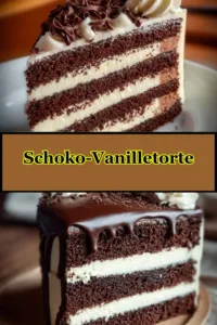 Schoko-Vanilletorte mit Schokoladenglasur und Vanillefüllung auf einem Teller
