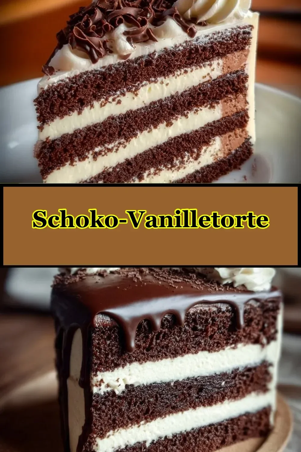 Schoko-Vanilletorte mit Schokoladenglasur und Vanillefüllung auf einem Teller