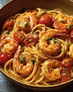 Spaghetti mit Garnelen in cremiger Frischkäse-Sauce auf einem Teller serviert