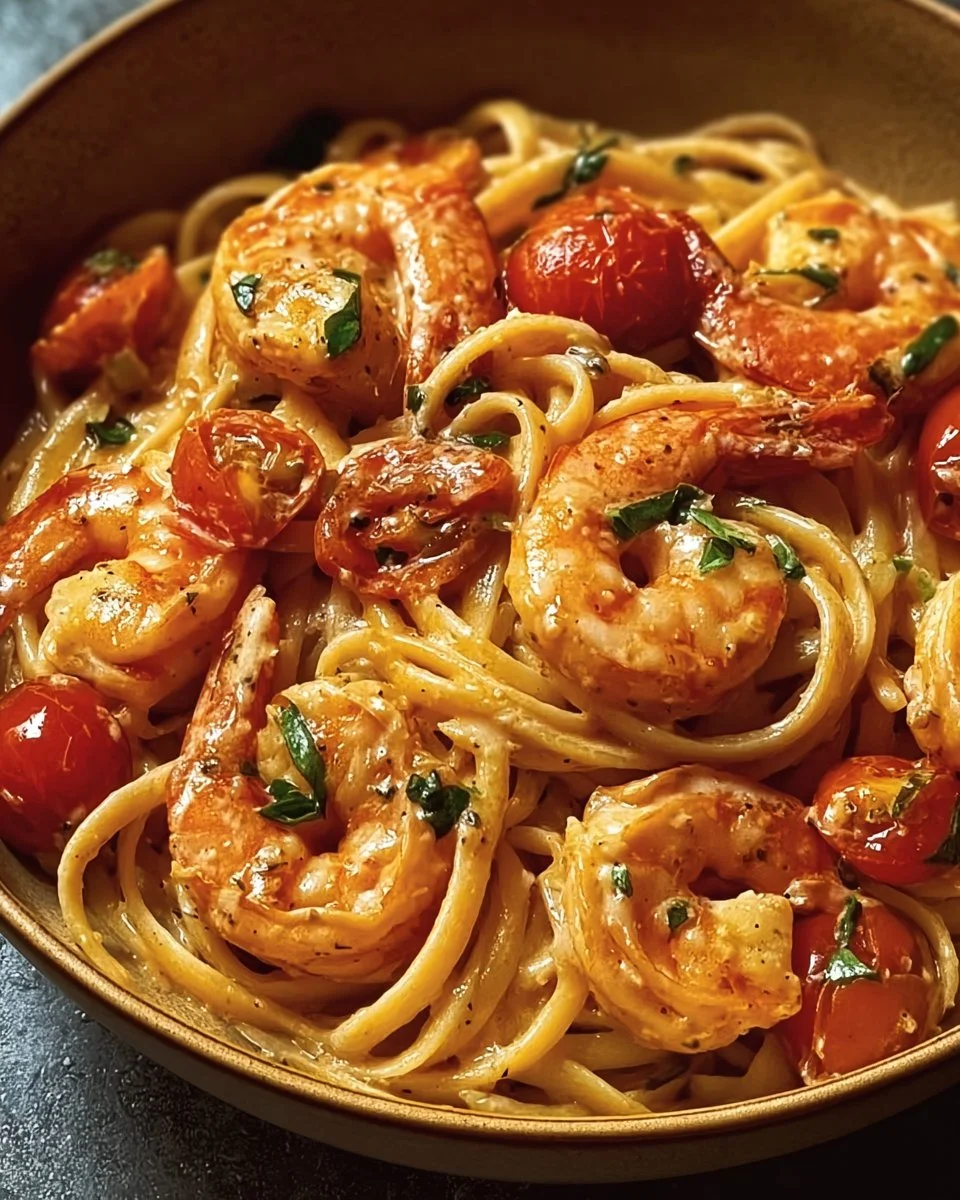 Spaghetti mit Garnelen in cremiger Frischkäse-Sauce auf einem Teller serviert