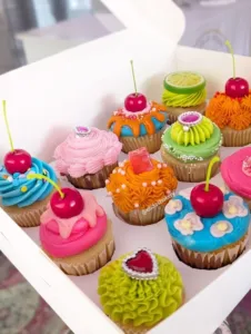 Bunte und kreative Geburtstags-Cupcakes auf einem festlichen Tisch.