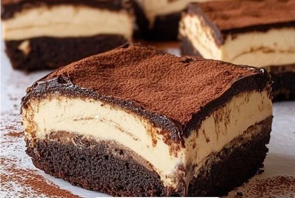 Leckere Tiramisu-Braunies auf einem Teller, ideal für Dessertliebhaber.