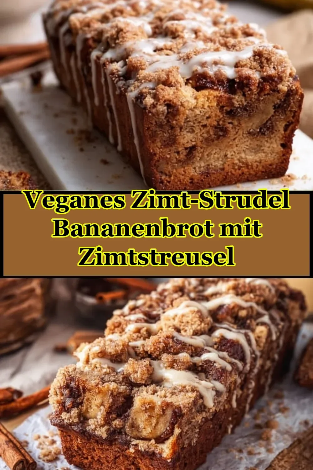 Veganes Zimt-Strudel Bananenbrot mit Zimtstreuseln auf einem Teller