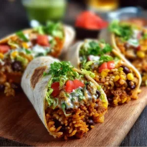 Leckere 10-Minuten vegane Burrito-Wraps auf einem Teller serviert.