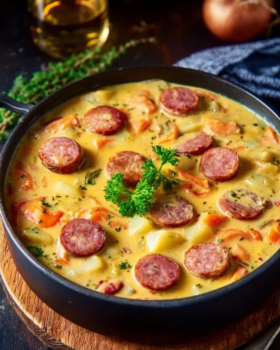 Cremiger Eintopf mit knackigen Würstchen