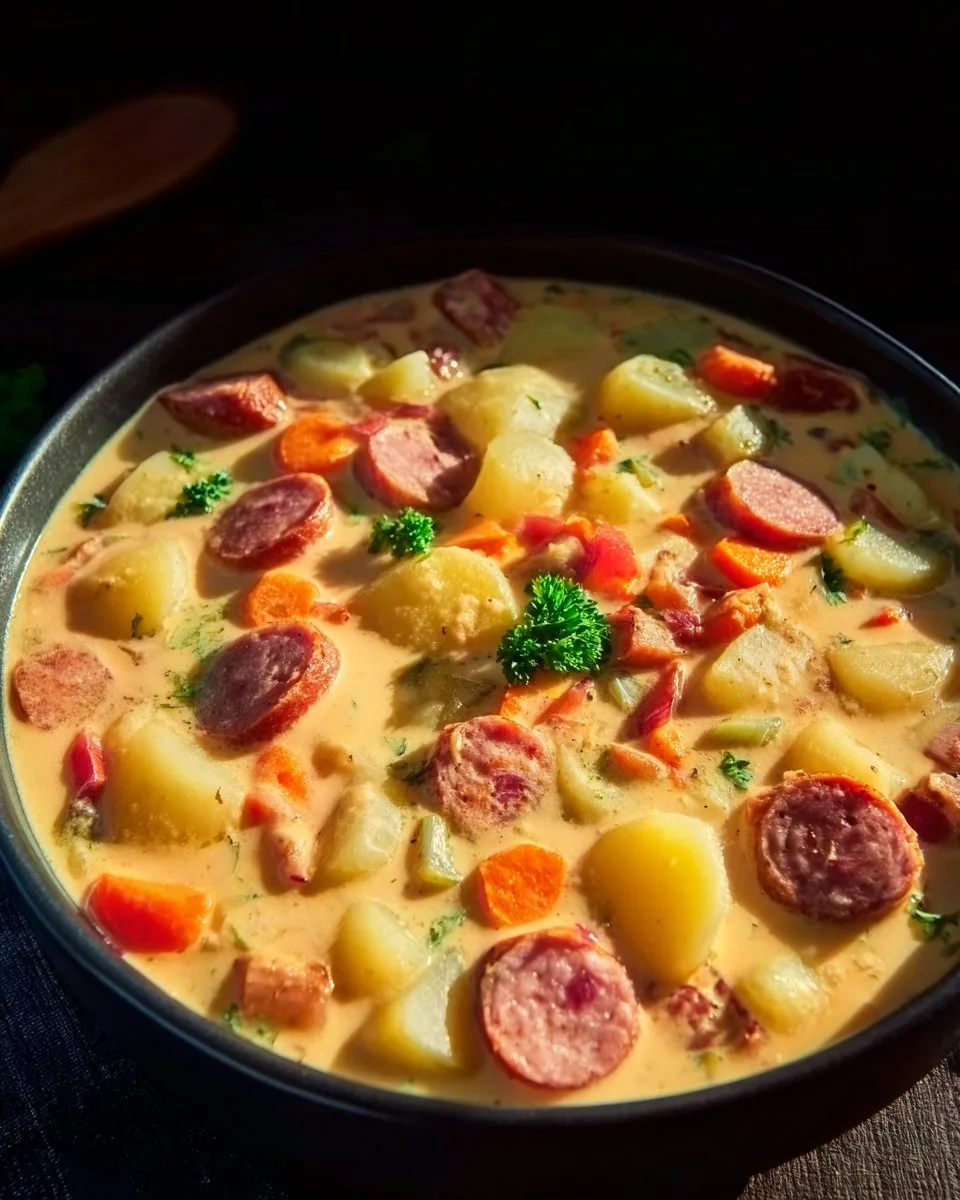 Cremiger Eintopf mit knackigen Würstchen