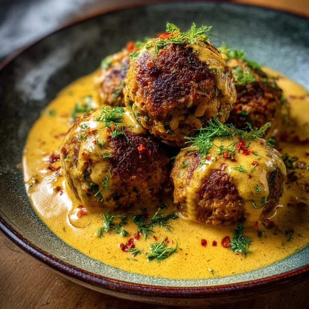 Vegane Linsenknödel in cremiger Curry-Sauce
