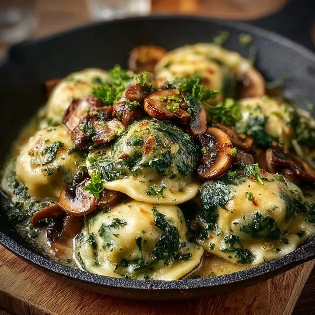 Spinatknödel mit Pilzragout
