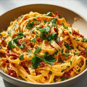 Cremige vegane Pasta mit sonnengetrockneten Tomaten auf einem Teller angerichtet.