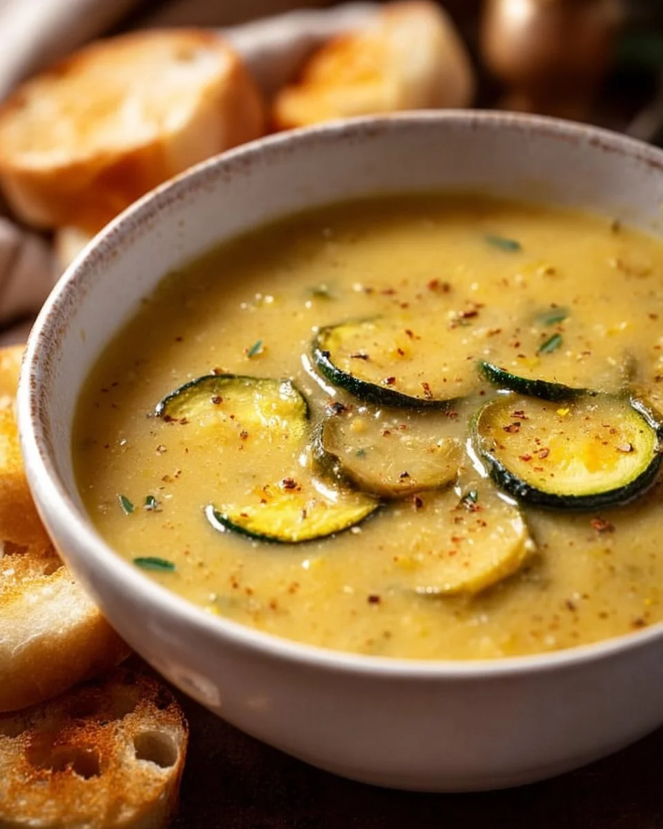 Cremige Zucchinisuppe in einer Schüssel mit frischen Kräutern garniert