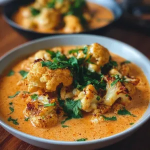 Cremiger Blumenkohl-Curry gebacken im Backofen, serviert in einer Schüssel.