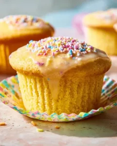 Fanta Muffins frisch gebacken und dekoriert mit orangefarbener Glasur