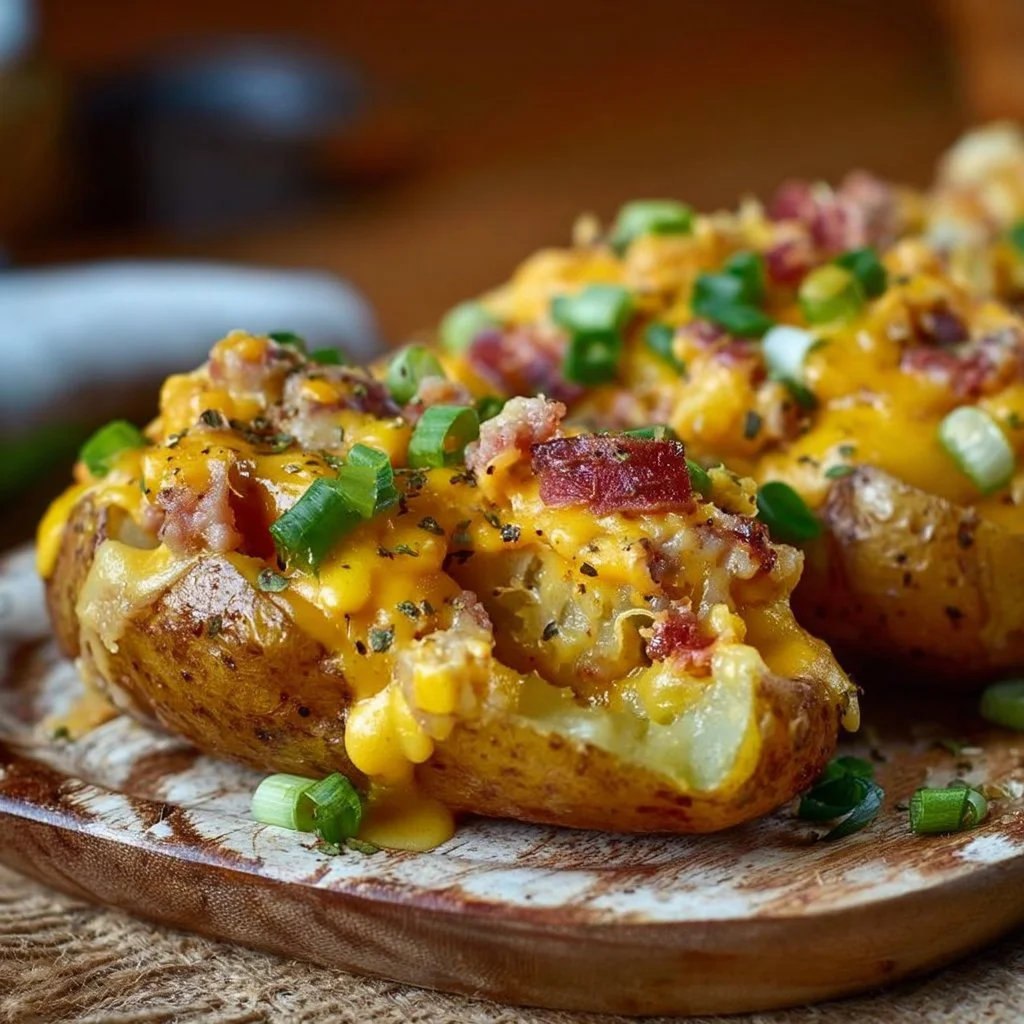 Gefüllte Ofenkartoffeln mit cremigem Gemüse und veganem Käse auf einem Teller