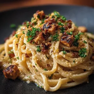 Geräucherte Tofu-Carbonara in einer Schüssel, serviert mit frischen Kräutern.