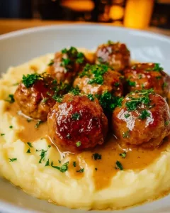 Hackbällchen in cremiger Sauce serviert mit Kartoffelpüree für die Familie