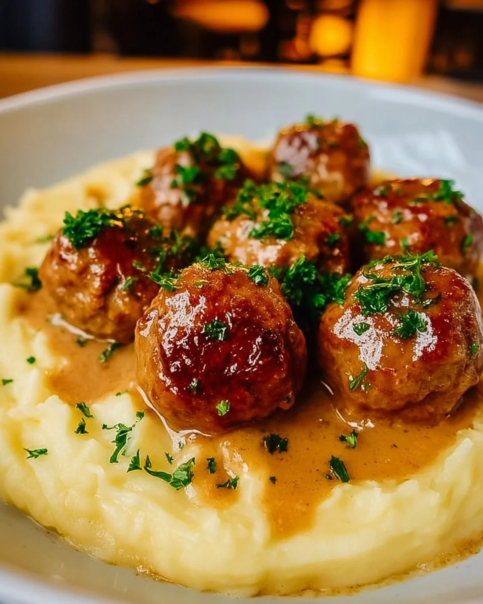 Hackbällchen in cremiger Sauce serviert mit Kartoffelpüree für die Familie