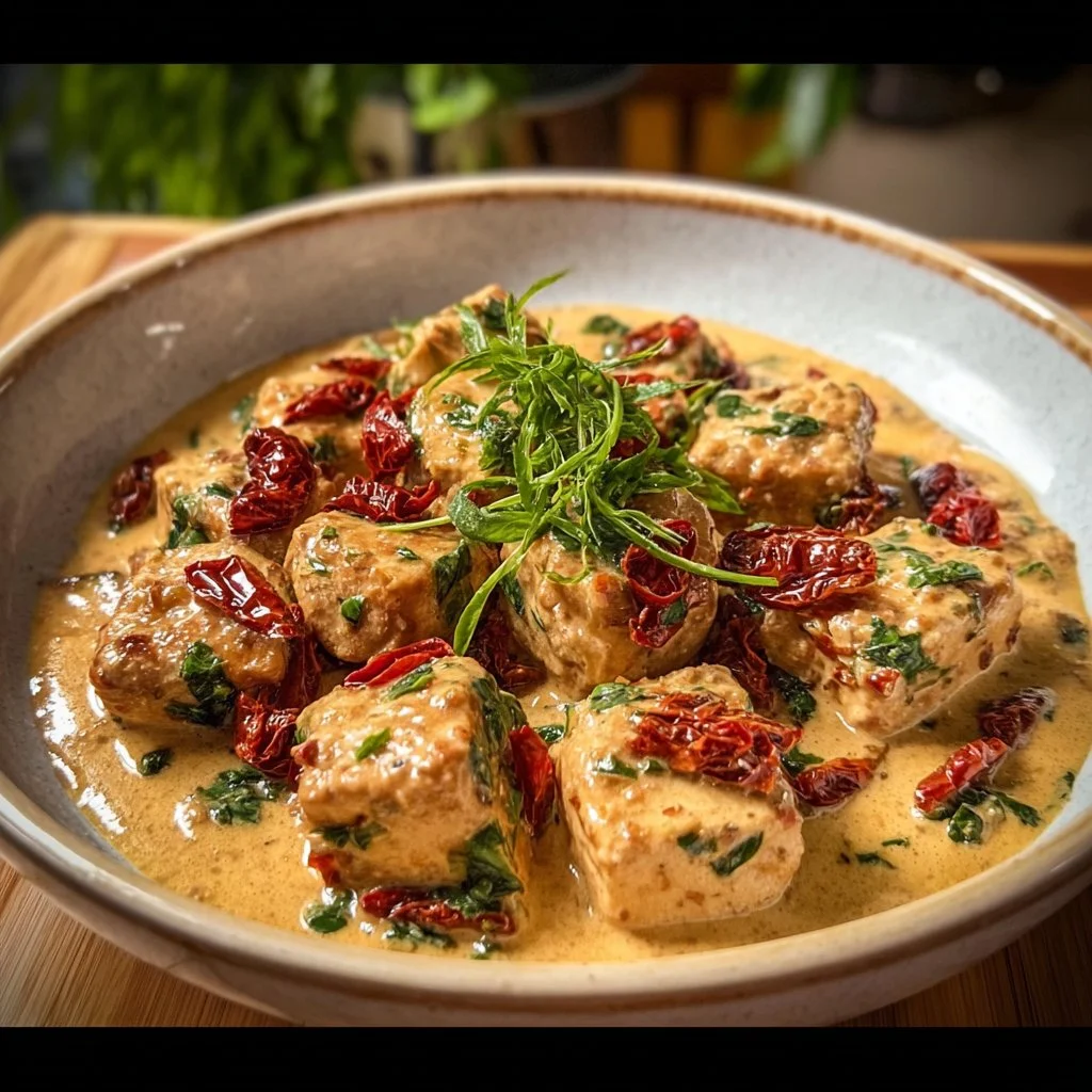 Leckeres Heirate mich Tofu Gericht auf einem Teller serviert