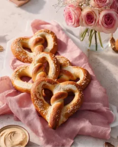 Herz-Laugenstangen frisch aus dem Ofen mit goldbrauner Kruste.