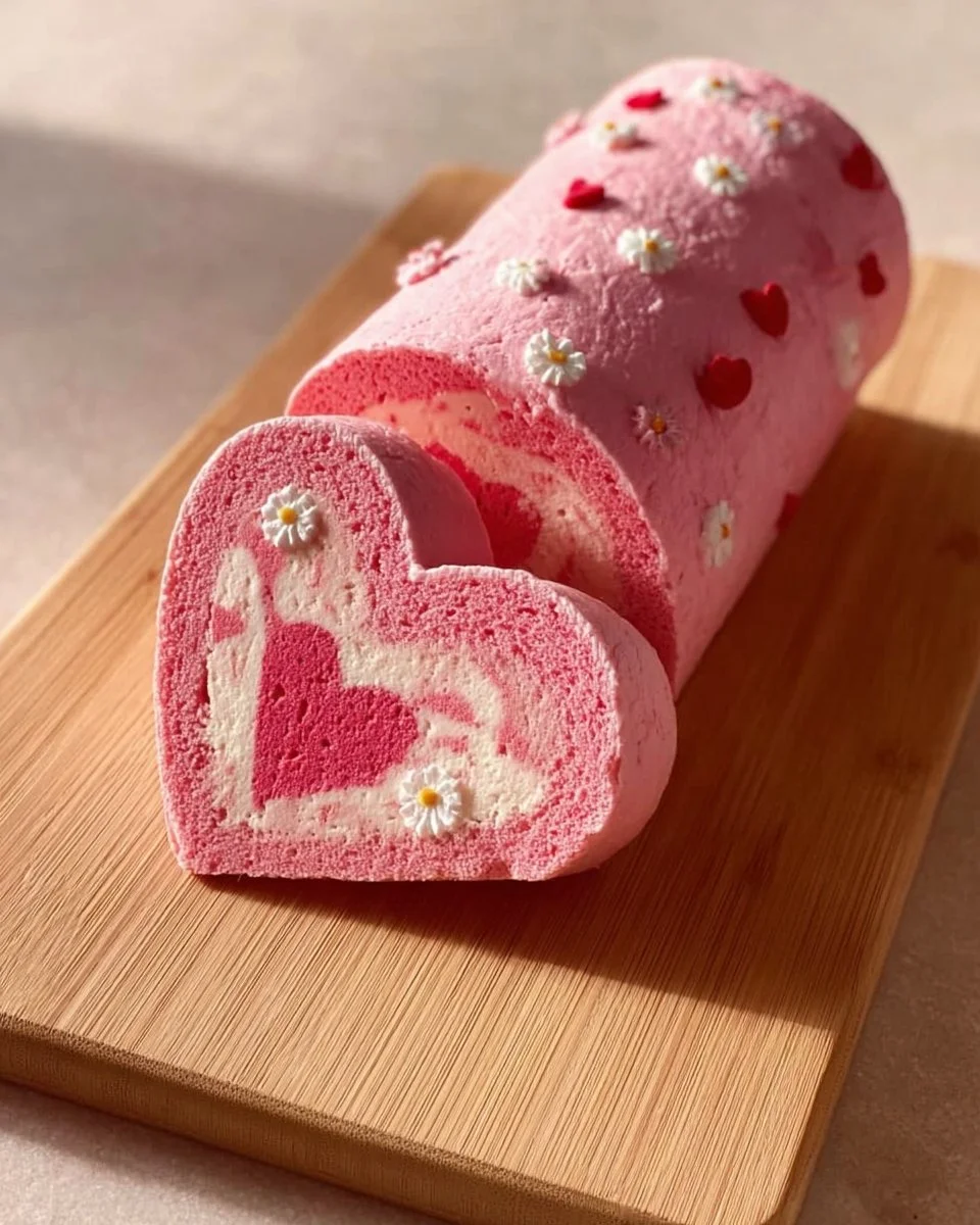 Herzförmige Schweizer Rolle mit köstlicher Füllung und dekorativem Design