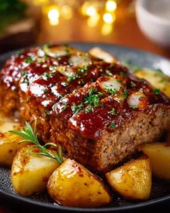 Herzhafter Hackbraten serviert mit knusprigen Ofenkartoffeln auf einem Teller.