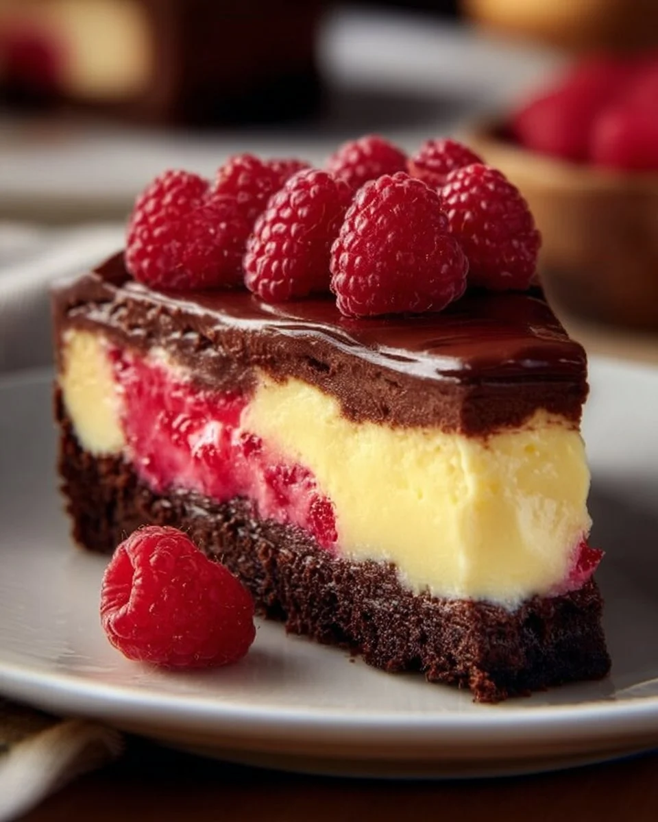 Himbeer-Brownie-Cheesecake auf einem eleganten Dessertteller