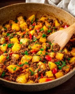 Kartoffel Hackfleisch Pfanne mit frischen Zutaten auf einem Teller serviert