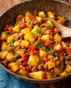 Leckere Kartoffel Hackfleisch Pfanne mit frischen Zutaten und Gewürzen.