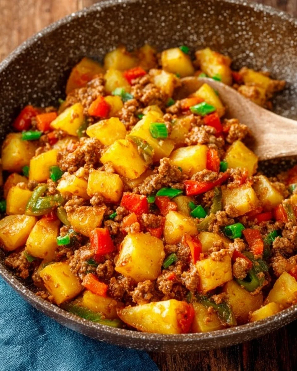 Leckere Kartoffel Hackfleisch Pfanne mit frischen Zutaten und Gewürzen.